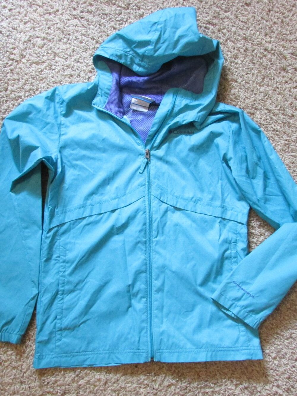 Columbia Large Youth 14/16 Aqua Blue Hooded Windbreaker Jacket EUC